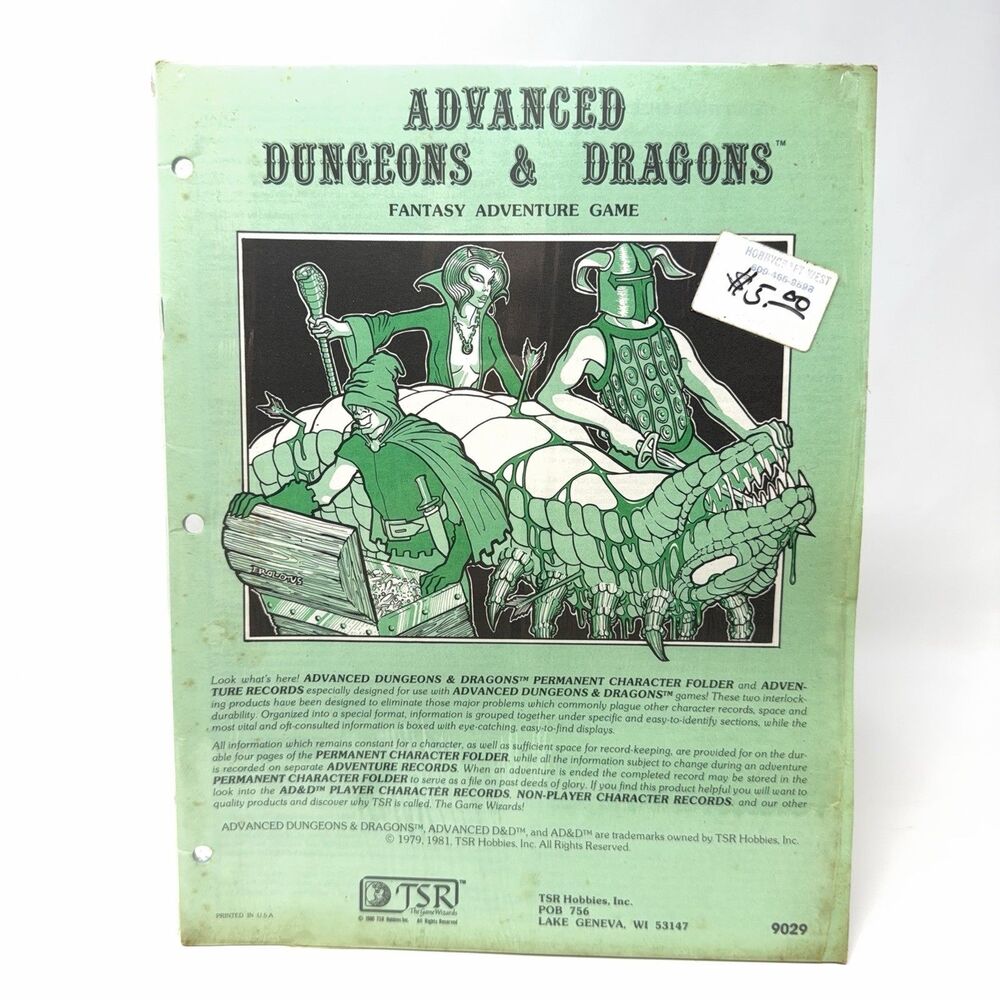 AD&D Permanent Character Folder TSR 9029 1981 Face Logo Adventure Records NOS